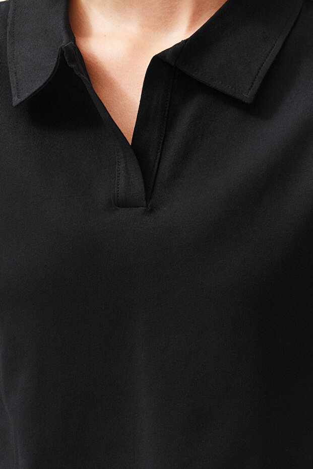 Siyah %100 Kalın Pamuklu Polo Yaka Regular/Normal Kalıp Örme T-Shirt TWOSS24TS00075 - 5