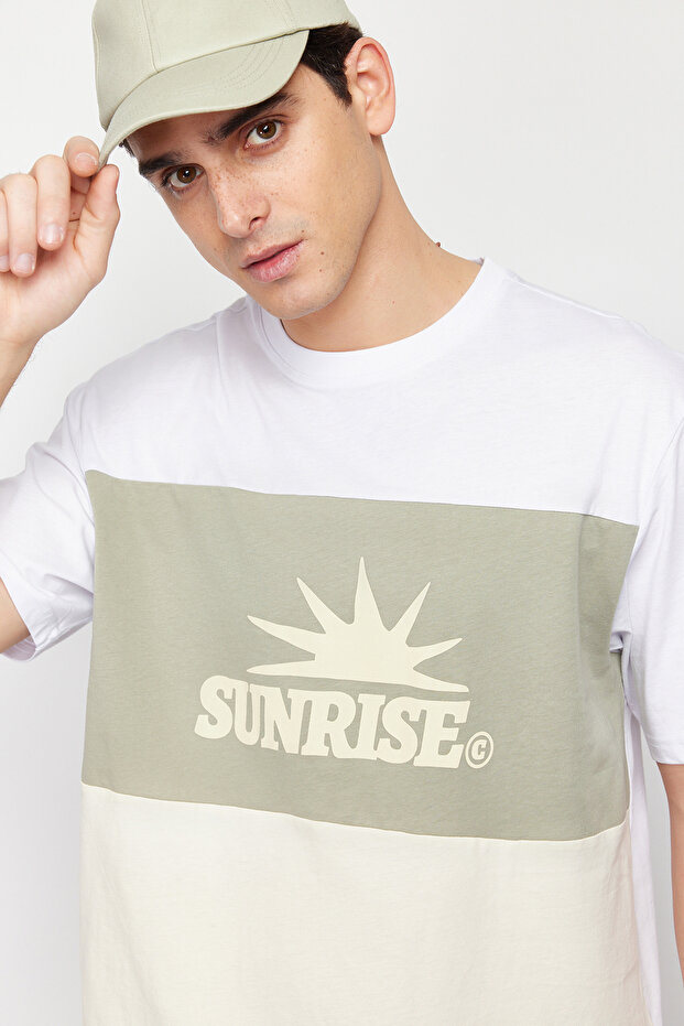 Mint Oversize/Geniş Kesim Yazı Baskılı Renk Bloklu %100 Pamuklu Kısa Kol T-Shirt TMNSS24TS00129 - 3