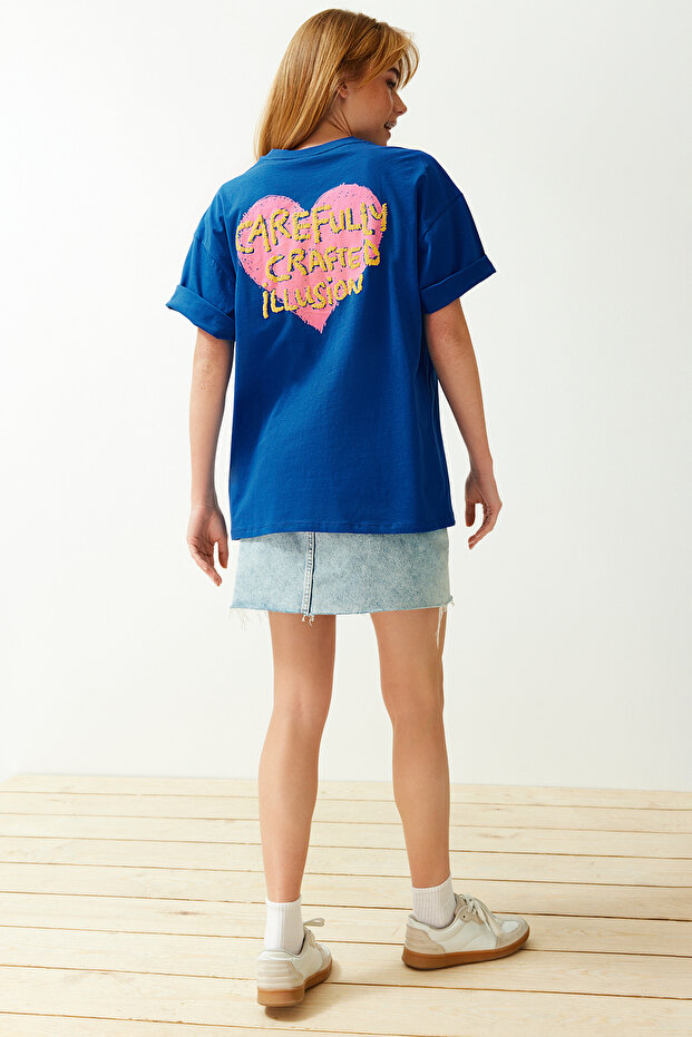 Saks %100 Pamuk Ön ve Arka Kabartma Baskılı Oversize/Geniş Kalıp Örme T-Shirt TWOSS23TS00355 - 5