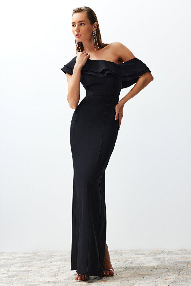 Fekete testet átölelő, szőtt, elegáns estélyi ruha, hosszú ruha TPRSS24AE00066 - 2