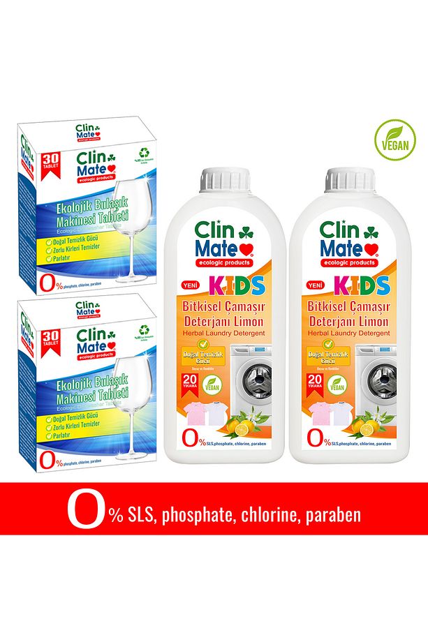 4'lü Set Ekolojik Bulaşık Tableti 30 Yk 2 adet -Bitkisel ÇOCUK Çamaşır Deterjanı 750 ml 40 Yk 2 adet - 1