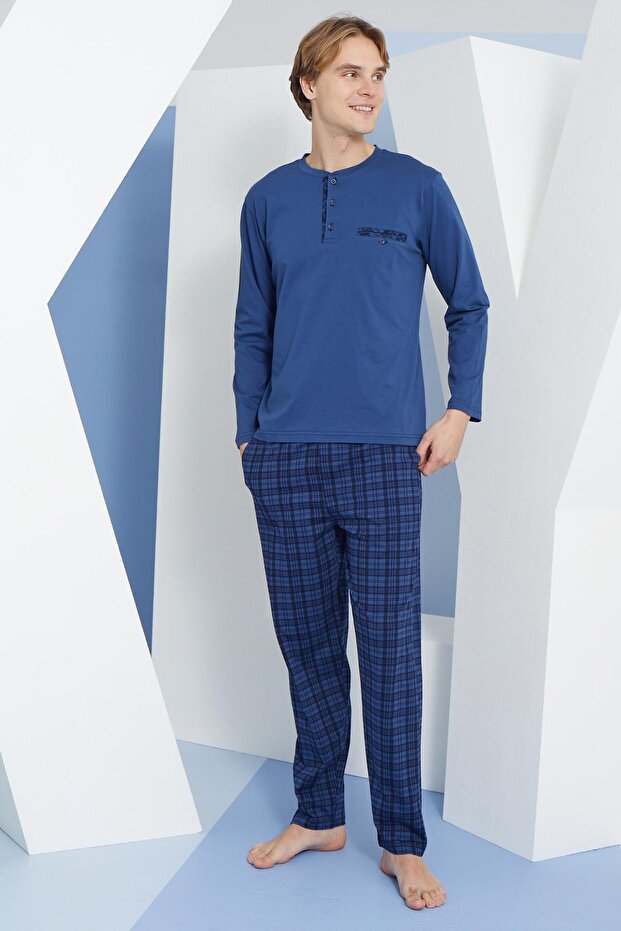 Men's Long Sleeve Midi Collar Indigo Pajamas Set C9T2N2O3