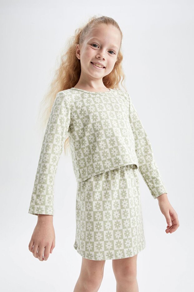 Kız Çocuk Çiçekli Uzun Kollu Bluz Etek 2'li Takım - 5