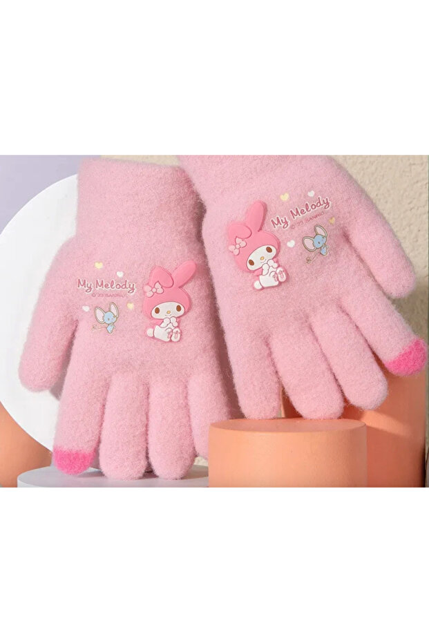 pink knitted squishy warm gloves Hello Kitty- My Melody - pink fingertip detail 3-8 years old