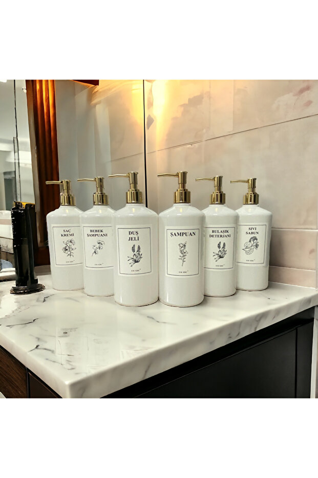 6-Piece Bath Bottle Set with Gold Cap White 1 liter Soap Dispenser Bottle Set 1000 ml