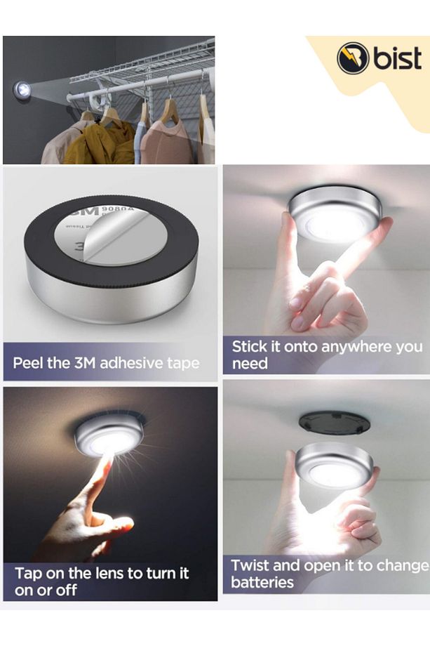 Vitrin Mutfak Tezgah Üstü Dolap Içi Aydınlatma Yapışkanlı Kablosuz Dokunmatik Spot Lamba (3 LED) - 4