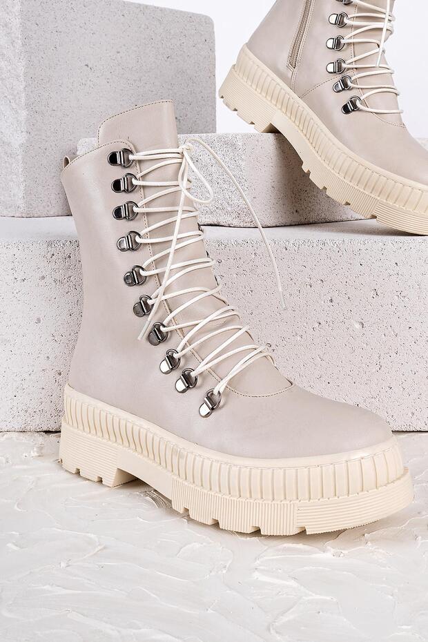 Array Kadın Kalın Taban Bağcıklı Bej Postal Bot - 3