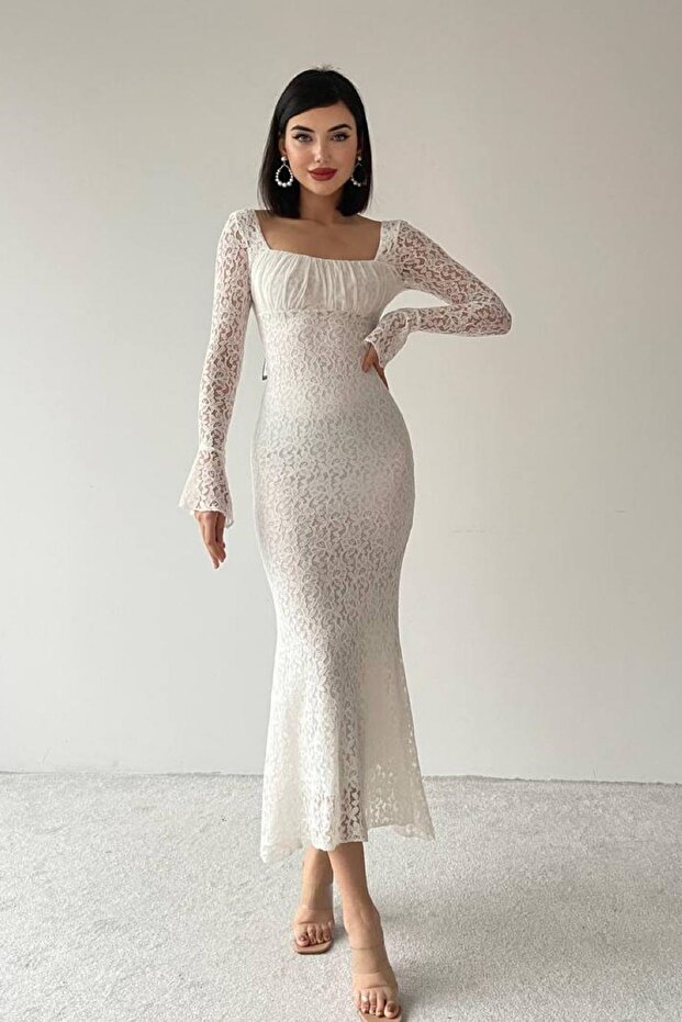 Women's Guipure and Tulle Designed Gathered Square Collar White Midi Evening Dress 209