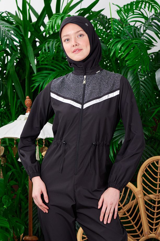 MOODBASİC PARAŞÜT KUMAŞ İÇİ TULUM ÜSTÜ FERMUARLI YELEKLİ HIZLI KURUYAN KADIN TESETTÜR MAYO 36235 - 3