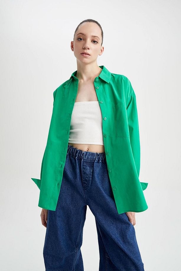 Oversize Fit Poplin Uzun Kollu %100 Pamuk Gömlek U7763az23sp - 1