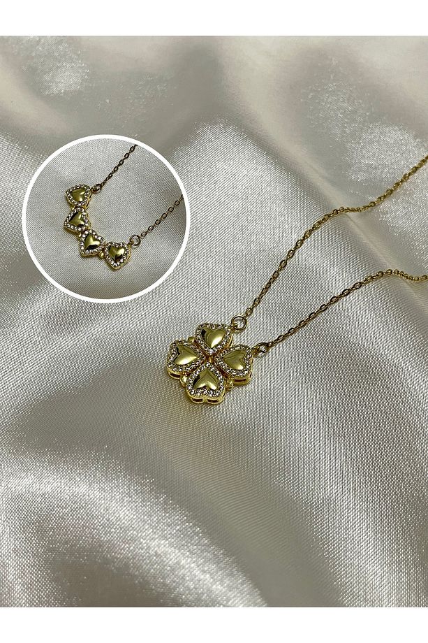 Yüksek Kalite Çelik Mıknatıslı Açılır Kapanır Kalp Yonca Kolye Gold 45 Cm - 1
