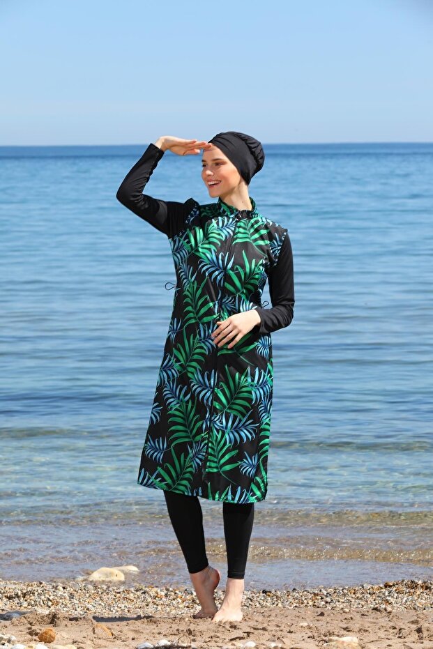Digital Printed Long Gilet Model Closed Hijab Swimsuit 3478