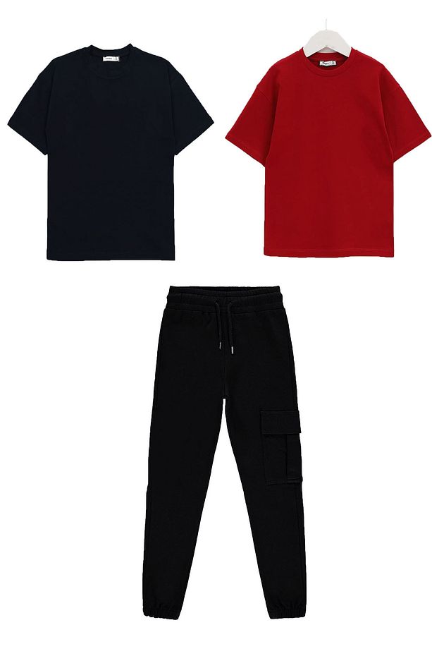 3'lü  unisex kız erkek set 1 adet kargo cep eşofman altı 2 adet basic t-shirt 7-14 yaş - 1