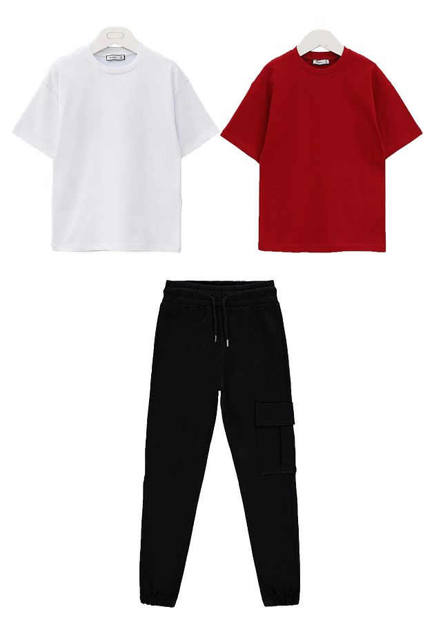 3'lü  unisex kız erkek set 1 adet kargo cep eşofman altı 2 adet basic t-shirt 7-14 yaş - 1