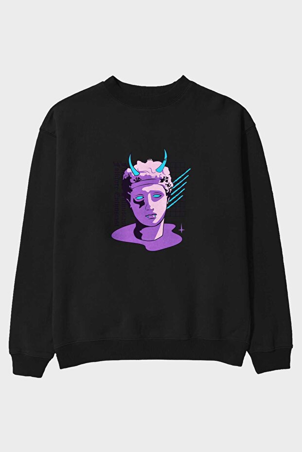 Folklore Enthusiast Front Printed Black Oversize Sweatshirt Men's Women's Crew Neck