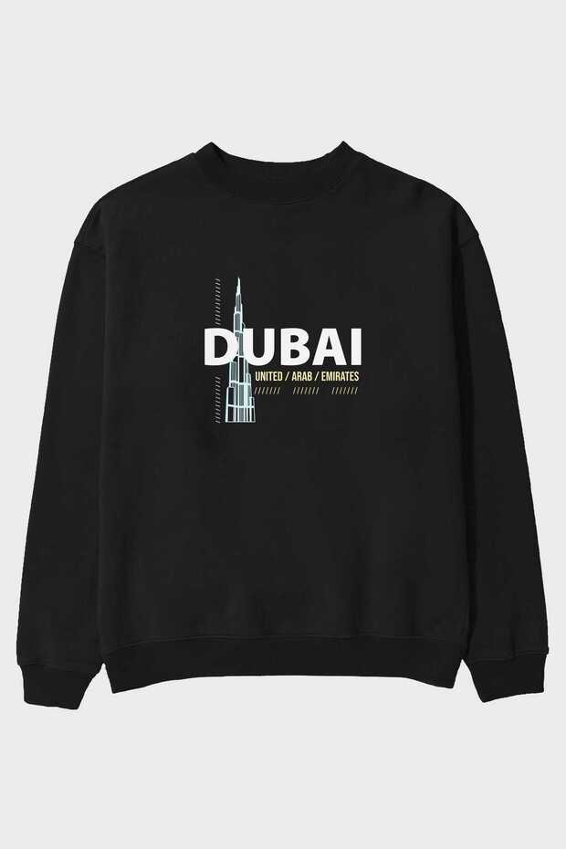 Dubai Front Printed Black Oversize Sweatshirt Men's Women's Crew Neck