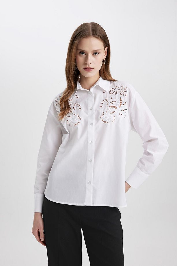 Oversize Geniş Kalıp Delikli Poplin Uzun Kollu Beyaz Gömlek C0061ax24sp - 1