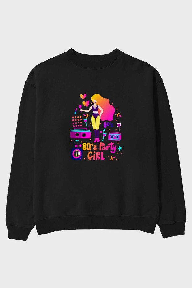 Retro Girl Party Front Printed Black Oversize Sweatshirt Men's Women's Crew Neck