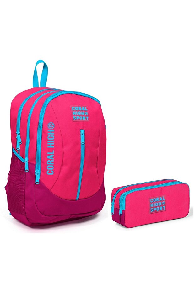 Sport Pink Red School Bag and Pen Holder Set - Girl - With USB Socket
