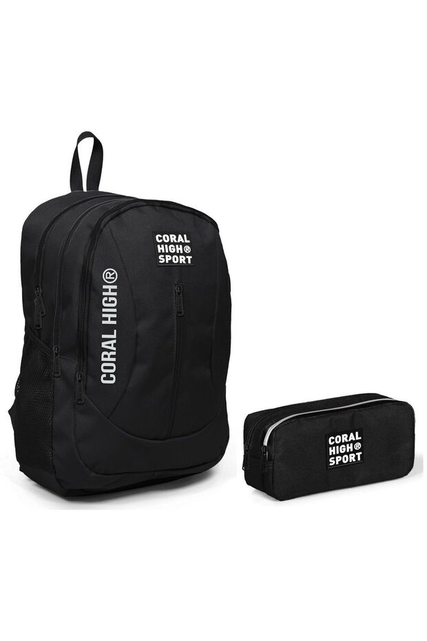 Sport Black School Bag and Pen Holder Set - Four Compartments - USB Port