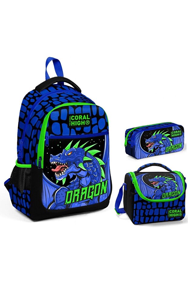 Boy's Blue Green Dragon Triple Primary School School Bag Set