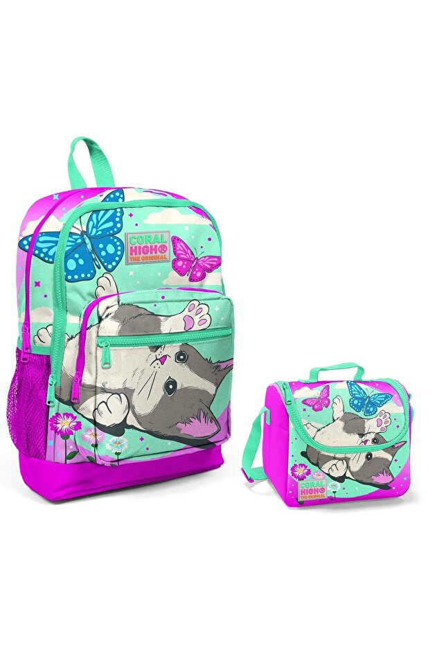 Pink Cute Cat And Butterfly Primary School Bag And Lunch Set