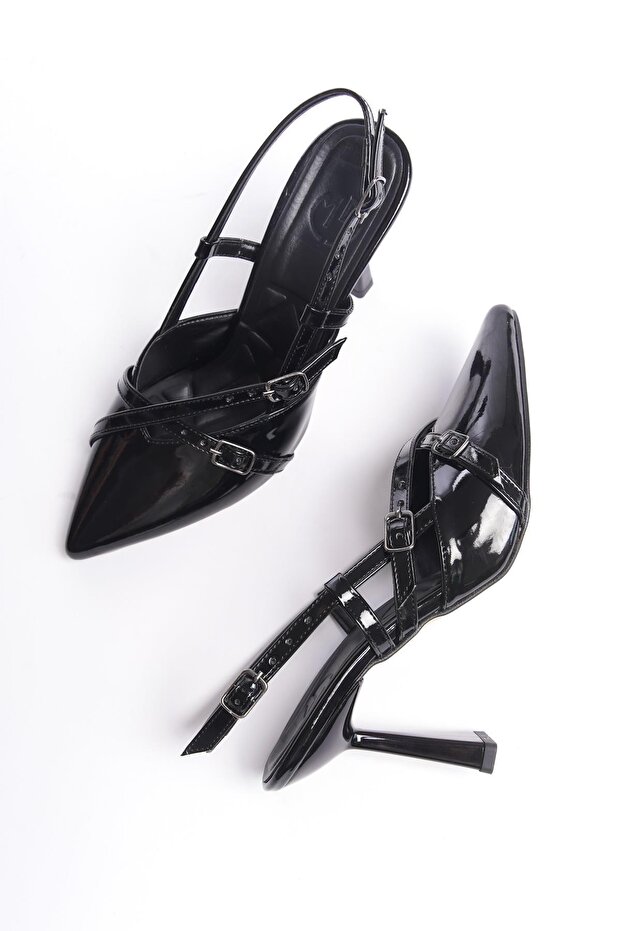 İkpar Mary Jane Black Patent Leather Cross Two-Strap Stiletto High Heel Shoes