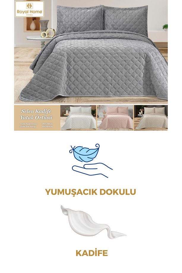 Selen Kadife Çift Kişilik Yatak Örtüsü Seti - 6
