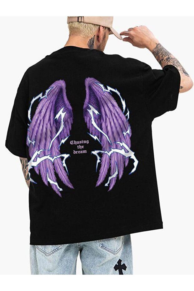 Modessy Front Back Printed Angel Black T-Shirt