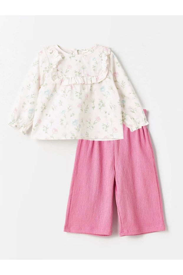 KANZ Crew Neck Floral Patterned Baby Girl Blouse and Pants 2 Pieces Set