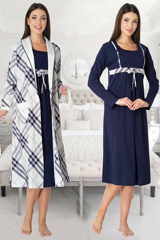 Navy Blue Cotton Maternity Maternity Dressing Gown and Nightgown Set