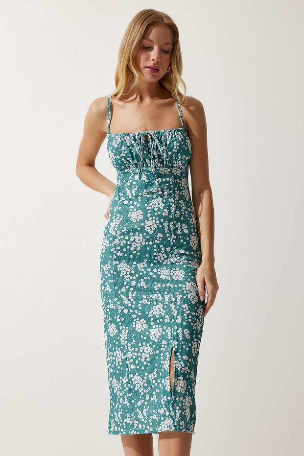 Women's Light Petrol Green Floral Slit Summer Knitted Dress CI00029
