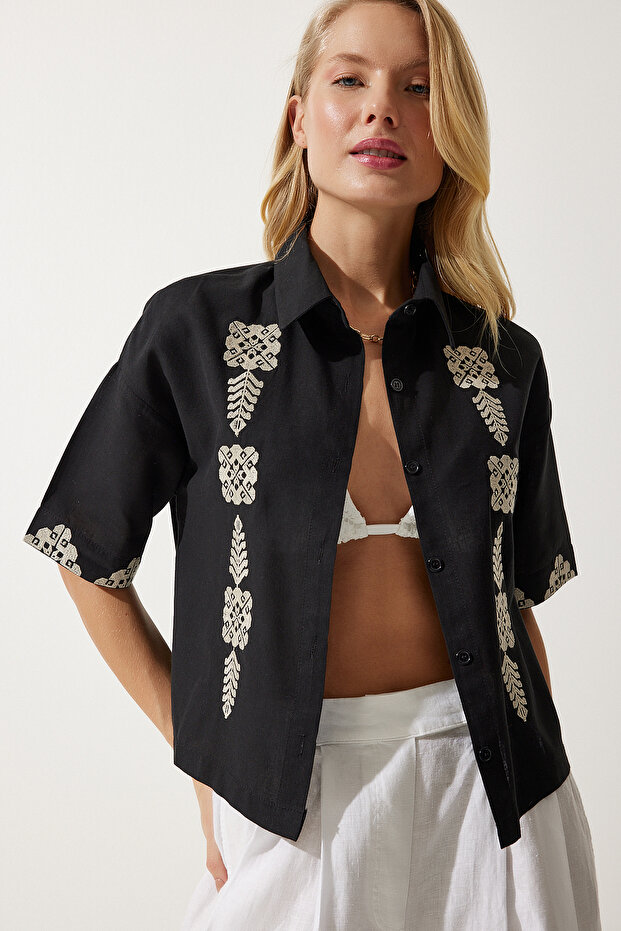 Women's Black Embroidered Short Linen Shirt RG00009