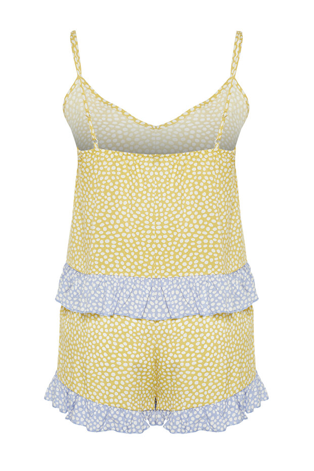 Sarı-Çok Renkli Puantiyeli Fırfırlı İp Askılı Viskon Şortlu Dokuma Pijama Takımı THMSS24PT00124 - 8