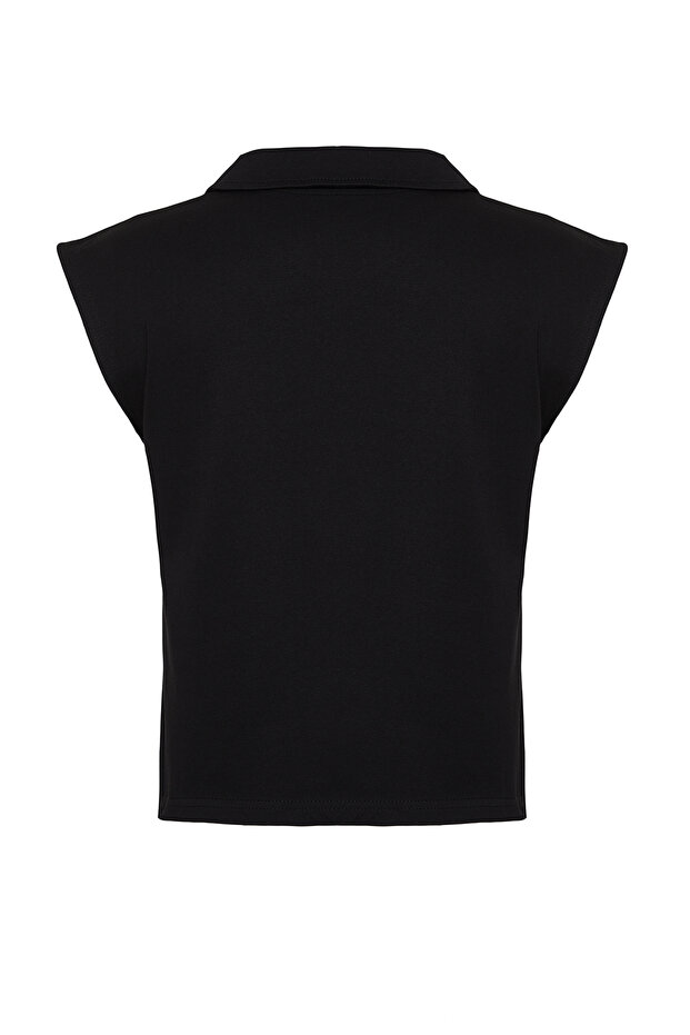 Siyah %100 Kalın Pamuklu Polo Yaka Regular/Normal Kalıp Örme T-Shirt TWOSS24TS00075 - 8