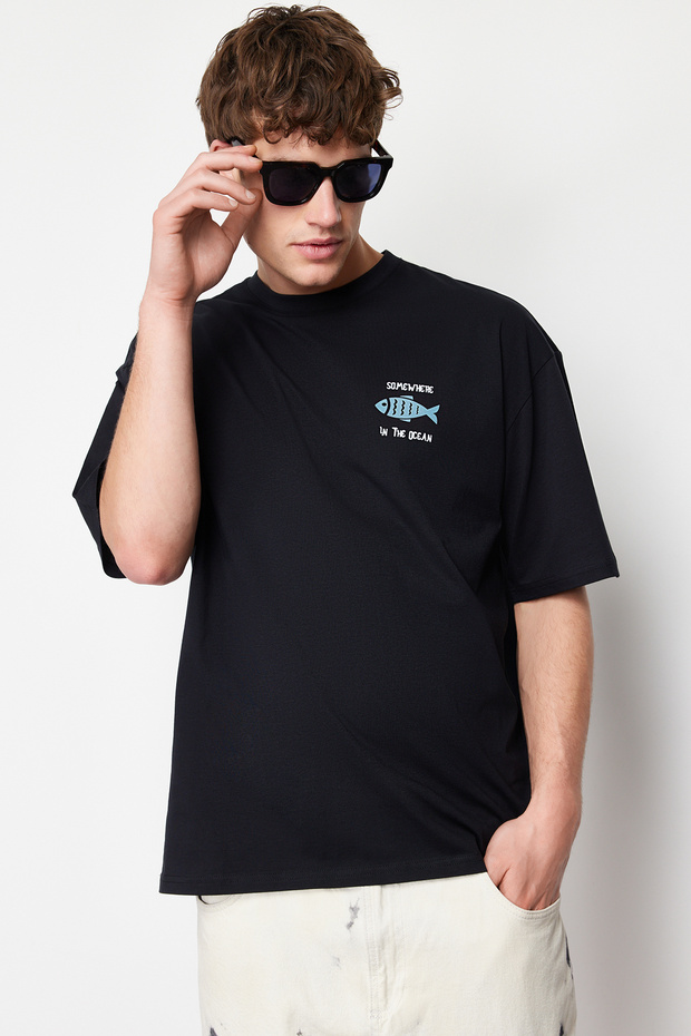 Siyah Oversize/Geniş Kesim %100 Pamuklu Kadife Doku Baskılı T-Shirt TMNSS22TS0318 - 4
