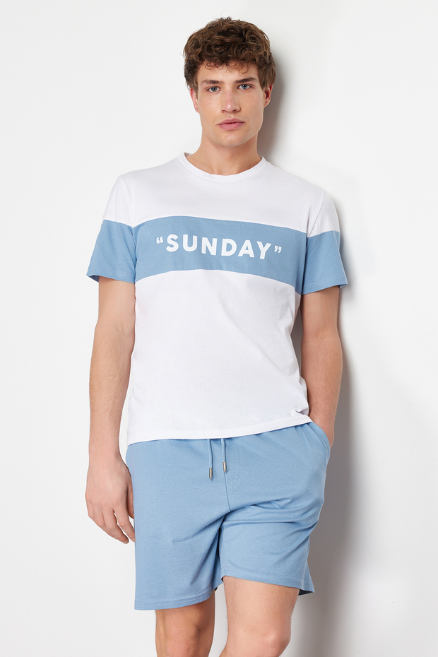 Mavi Regular Fit Slogan Baskılı Örme Şortlu Pijama Takımı TMNSS24PT00002 - 2