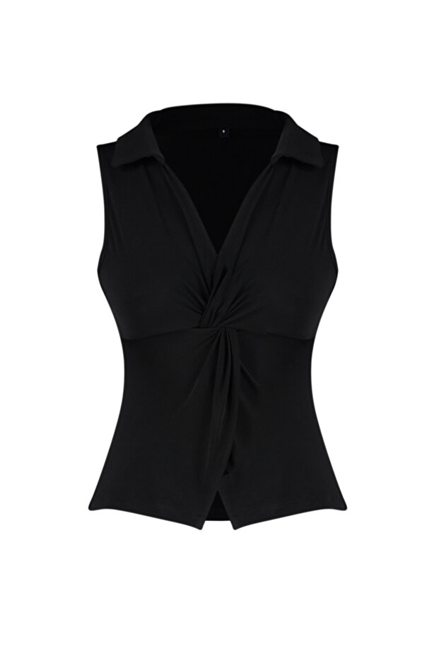Siyah Fitted/Vücuda Oturan Polo Yaka Esnek Örme Bluz TWOSS24BZ00085 - 7