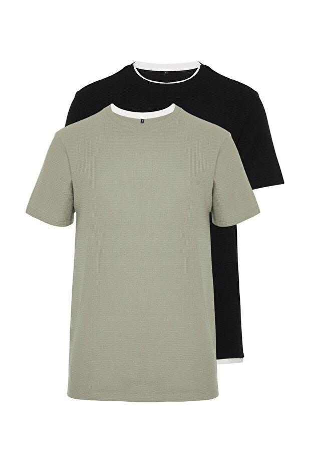 Siyah-Mint Regular/Normal Kesim 2'li Paket Dokulu %100 Pamuklu T-Shirt TMNSS24TS00097 - 1