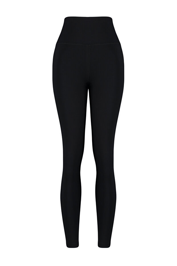 Siyah Fırçalı Toparlayıcı Mat ve Soft Kumaş Tam Boy Örme Spor Tayt THMSS24TY00025 - 8