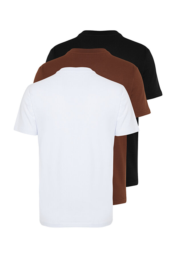 Unisex Siyah-Kahverengi-Beyaz Slim Kesim Bisiklet Yaka %100 Pamuk 3'lü Paket T-Shirt TMNSS19BO0007 - 3