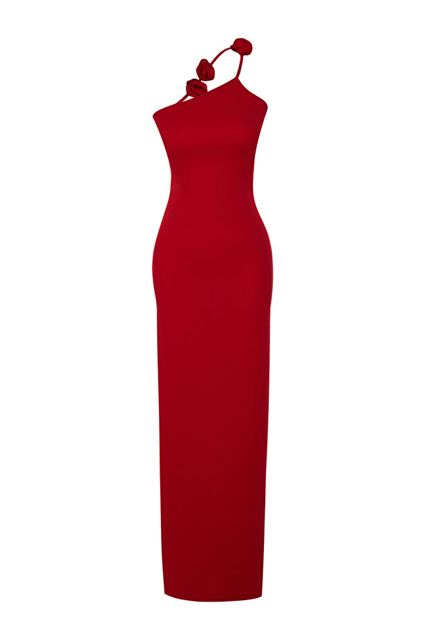 Limited Edition Kırmızı Vücuda Oturan Örme Uzun Gece Abiye Elbise TPRSS24AE00047 - 6