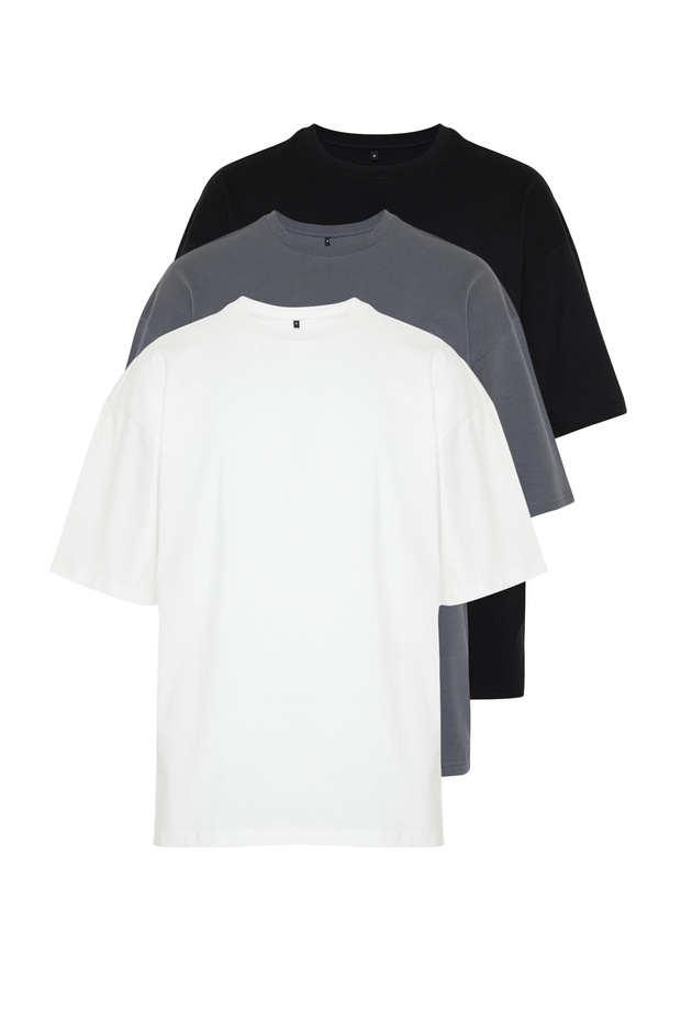 Unisex Siyah-Antrasit-Ekru Oversize/Geniş Kesim 3'lü Paket %100 Pamuklu T-Shirt TMNSS24TS00026 - 2