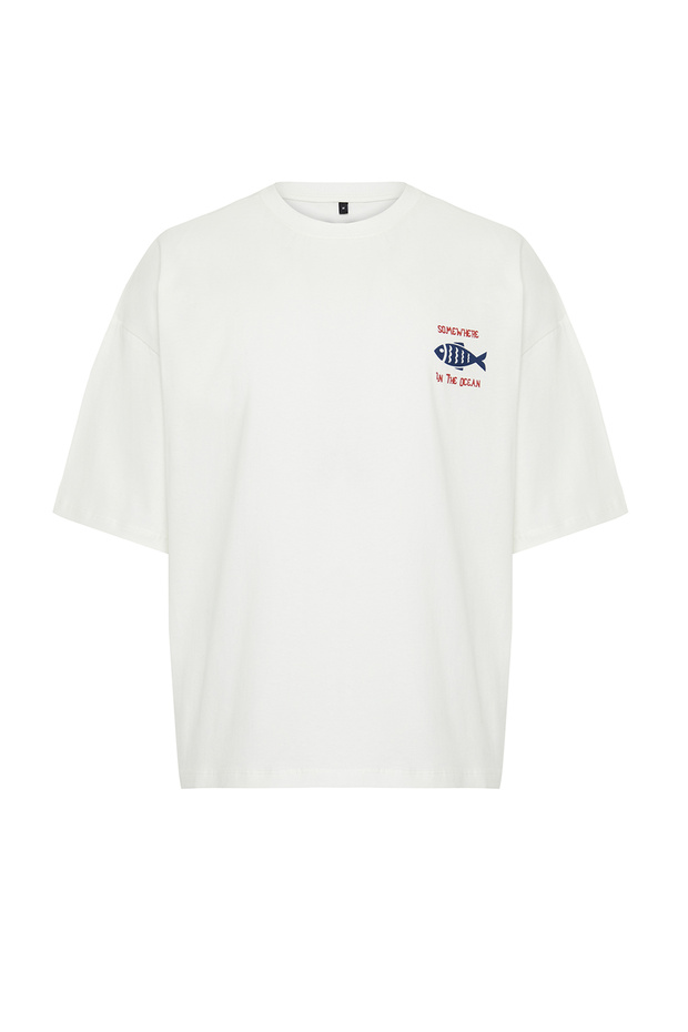 Ekru Oversize/Geniş Kesim %100 T-Shirt TMNSS22TS0318 - 11