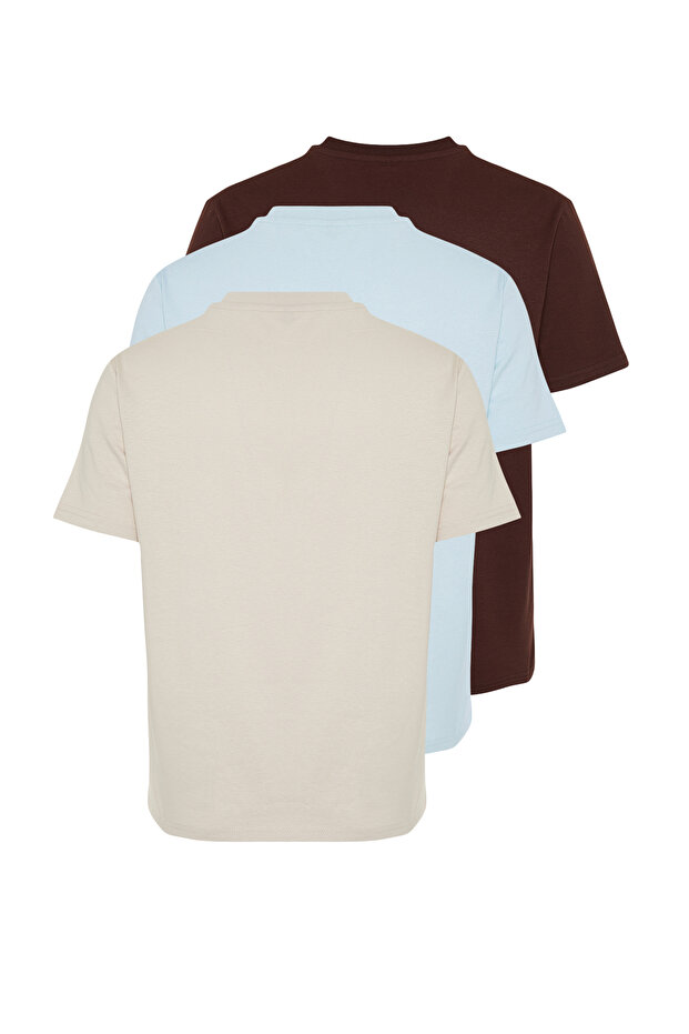 Koyu Kahverengi-Taş-Açık Mavi Slim/Dar Kesim Bisiklet Yaka %100 Pamuklu 3'lü T-Shirt TMNSS19BO0007 - 3