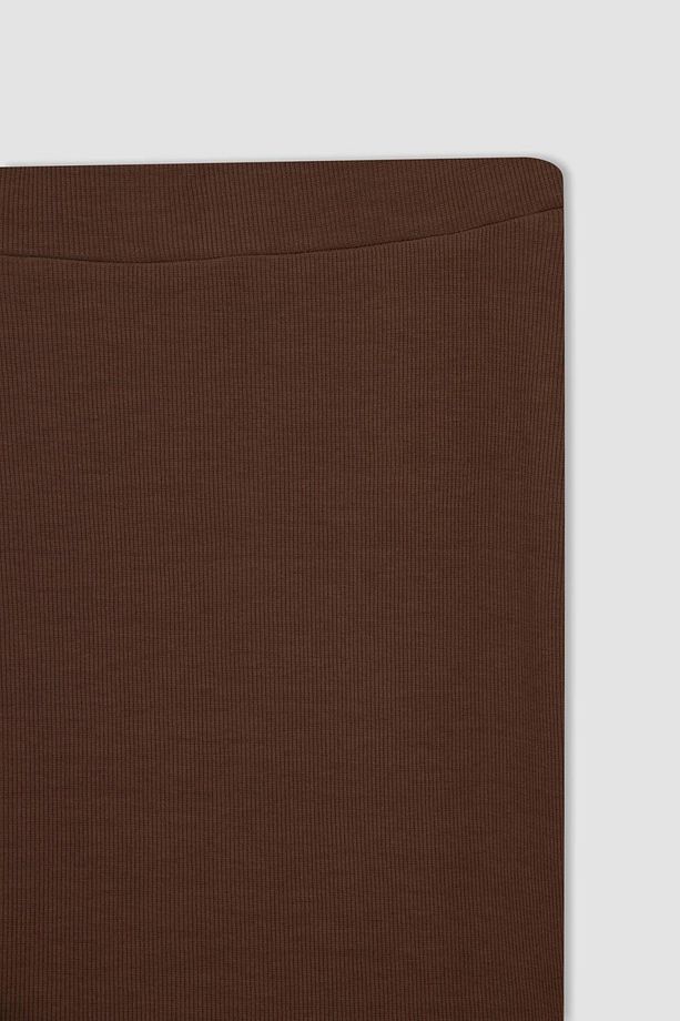 Slim Fit Basic Yırtmaçlı Fitilli Kaşkorse Midi Etek - 6