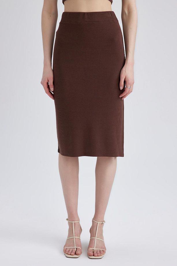 Slim Fit Basic Yırtmaçlı Fitilli Kaşkorse Midi Etek - 3