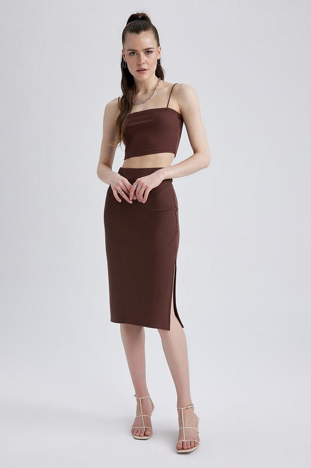 Slim Fit Basic Yırtmaçlı Fitilli Kaşkorse Midi Etek - 1