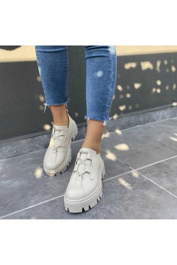 Women's Leather Thick Sole Lace-Up Casual Loafer Shoes