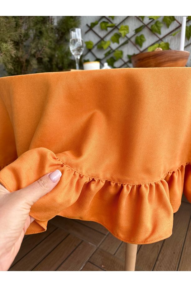 Soft Kumaş Turuncu Fırfırlı Vintage Yuvarlak Dertsiz Masa Örtüsü - 4